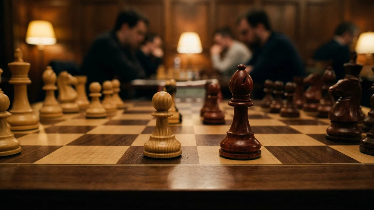 Cinematic 35mm photograph of Evans Gambit b4 pawn thrust on a luxury handcrafted wooden chessboard