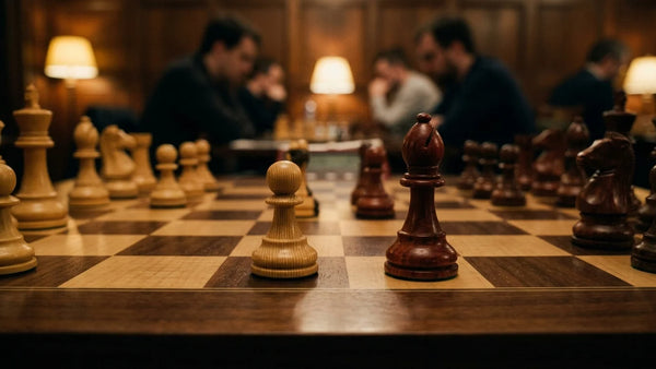 Cinematic 35mm photograph of Evans Gambit b4 pawn thrust on a luxury handcrafted wooden chessboard
