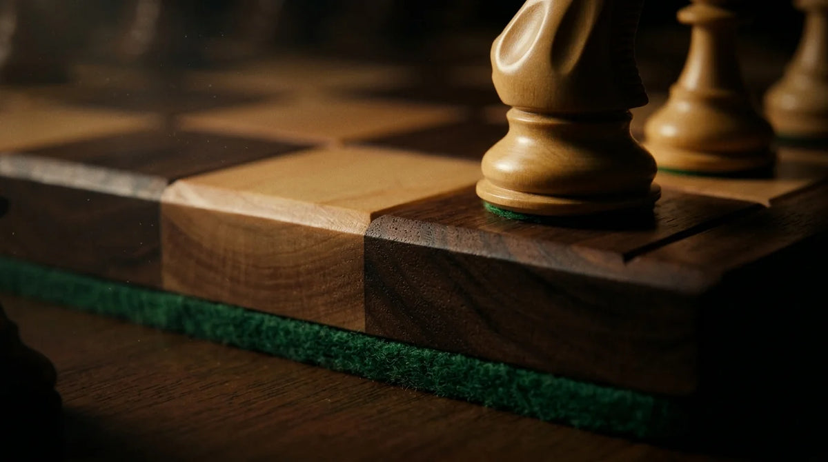 Cinematic 35mm photograph of official staunton chess set tournament standards pieces on a luxury walnut board