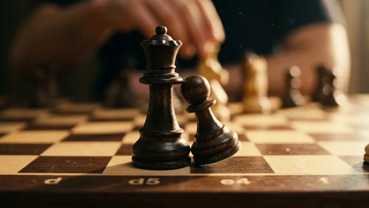 Cinematic 35mm photograph of Scandinavian Defense central pawn clash 1.e4 d5 on a luxury wooden tournament chessboard with weighted wooden pieces