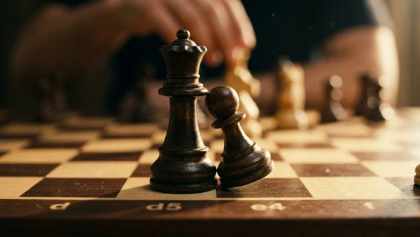 Cinematic 35mm photograph of Scandinavian Defense central pawn clash 1.e4 d5 on a luxury wooden tournament chessboard with weighted wooden pieces