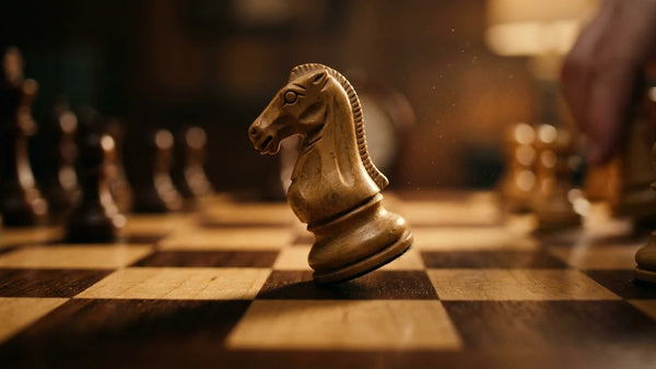 Cinematic 35mm photograph of the Smith-Morra Gambit pawn sacrifice on a luxury tournament wooden chessboard