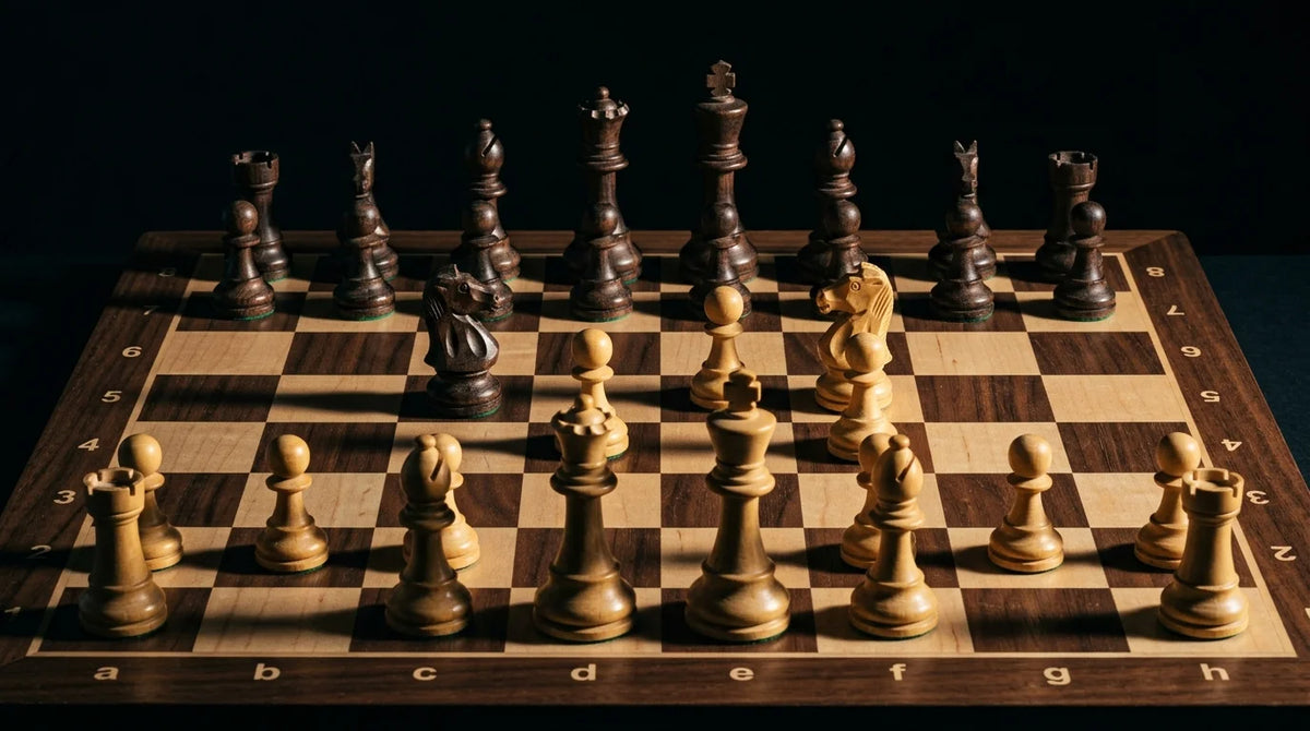 Solid American Walnut chess board with Queen's Gambit setup — Chess4pro