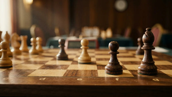 Cinematic 35mm photograph of Dutch Defense Leningrad Variation setup on a luxury wooden tournament chessboard