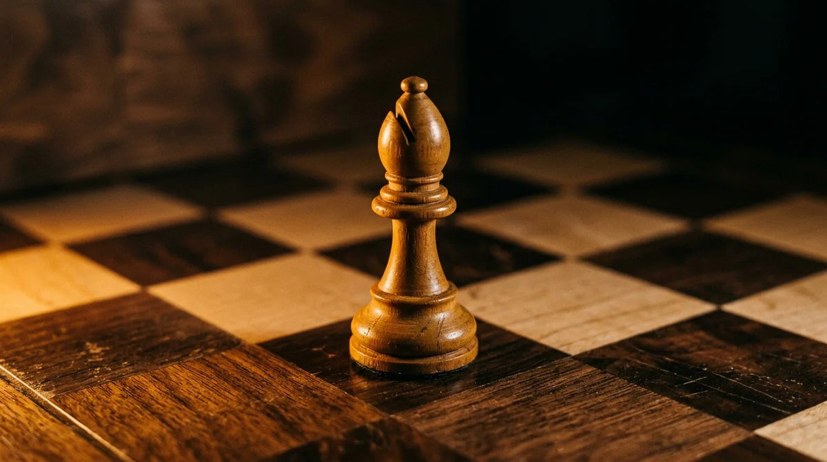 Cinematic 35mm photograph of the Ruy Lopez Spanish opening bishop maneuver on a luxury tournament wooden chessboard
