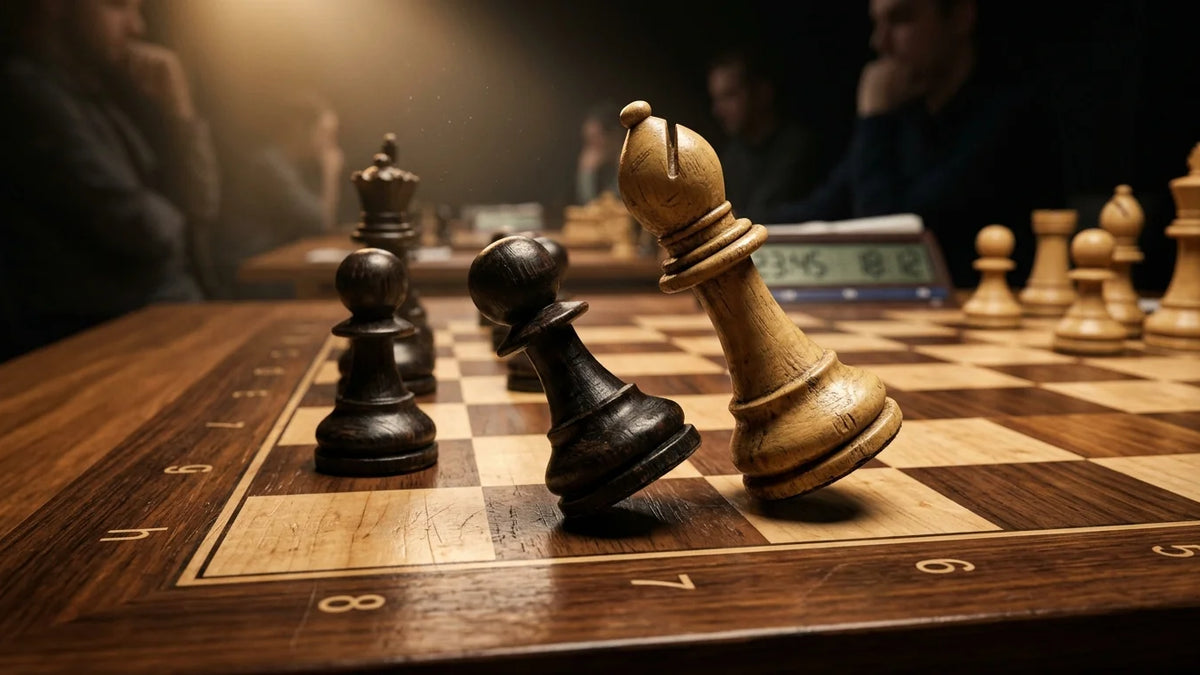 Cinematic 35mm photograph of the Greek Gift bishop sacrifice on a luxury tournament wooden chessboard