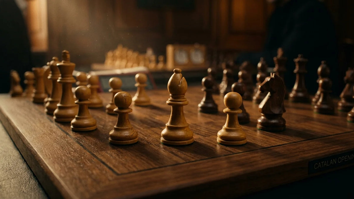Atmospheric 35mm film photograph of a wooden Catalan opening setup on handcrafted solid walnut chessboard