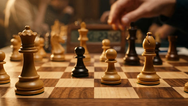 Cinematic 35mm photograph of Giuoco Piano Italian game setup on a luxury wooden tournament chessboard
