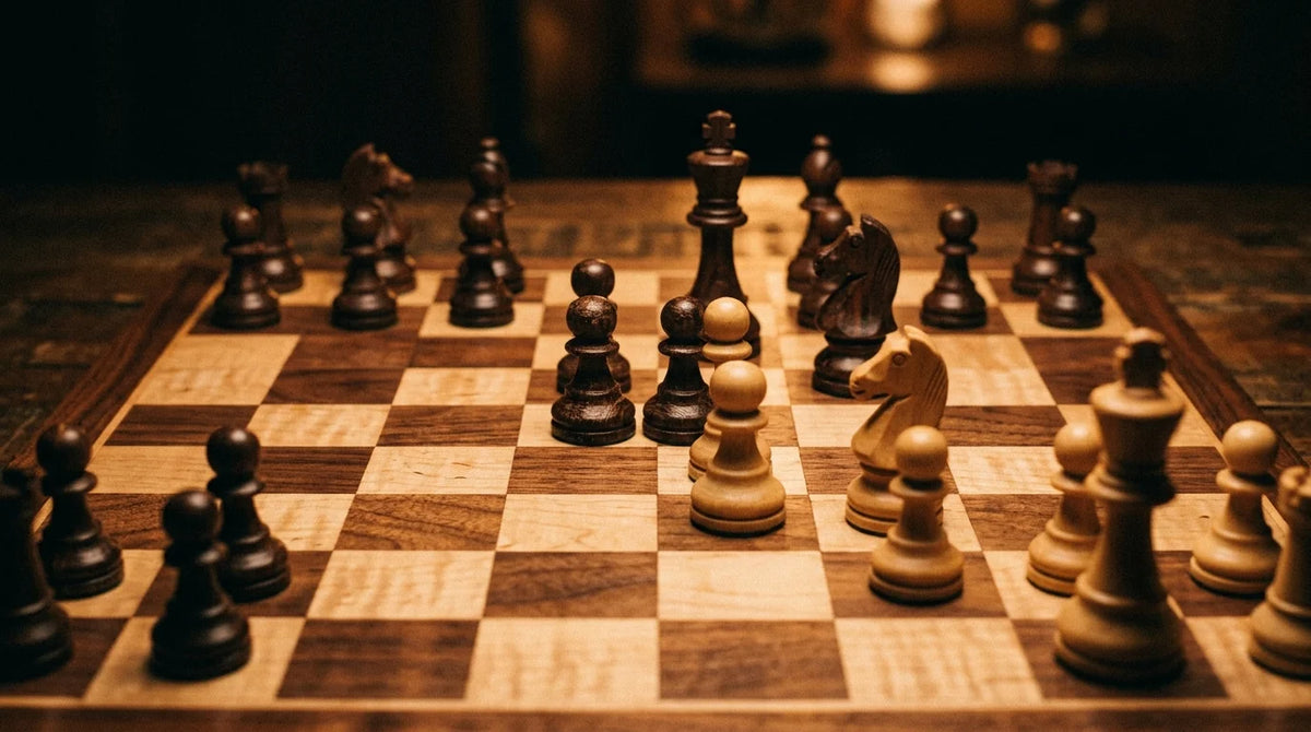 Cinematic 35mm photograph of French Defense pawn structure on a wooden tournament chessboard with weighted wooden pieces
