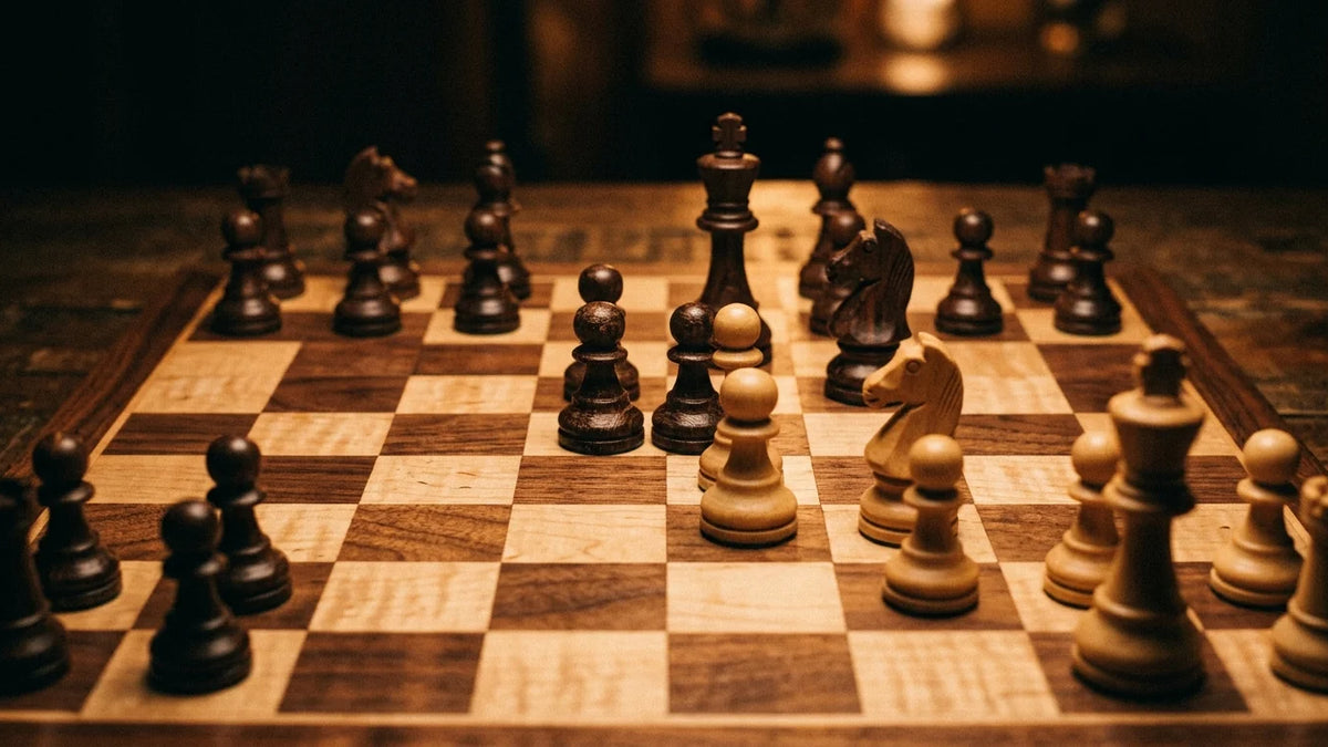Cinematic 35mm photograph of French Defense pawn structure on a wooden tournament chessboard with weighted wooden pieces