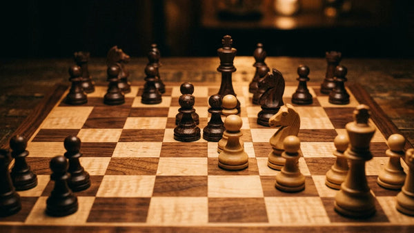 Cinematic 35mm photograph of French Defense pawn structure on a wooden tournament chessboard with weighted wooden pieces
