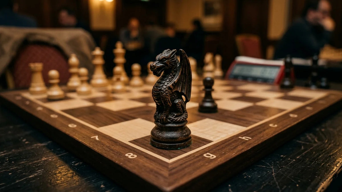 Cinematic 35mm photograph of Sicilian Dragon Defense dark-squared bishop fianchetto on a luxury solid American walnut tournament chessboard