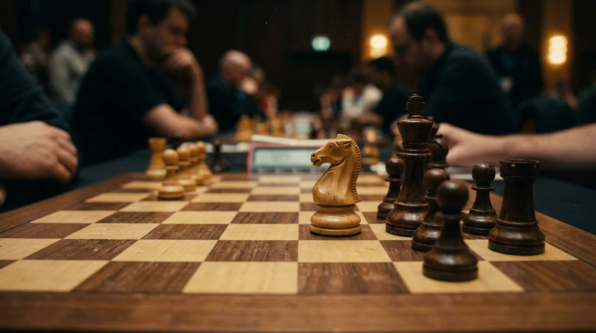Cinematic 35mm photograph of a White Knight delivering smothered mate on a luxury tournament wooden chessboard