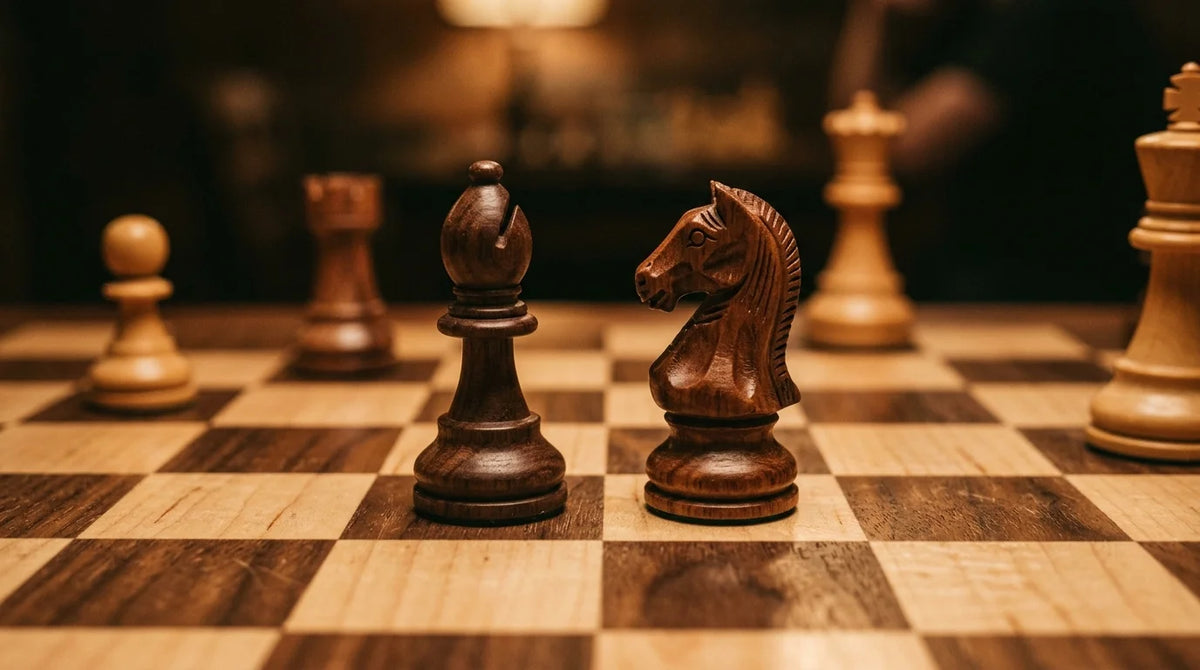 Atmospheric 35mm film photograph of Nimzo-Indian Defense setup with dark carved pieces on a solid walnut chessboard