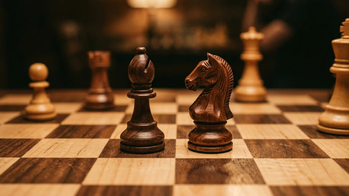 Atmospheric 35mm film photograph of Nimzo-Indian Defense setup with dark carved pieces on a solid walnut chessboard