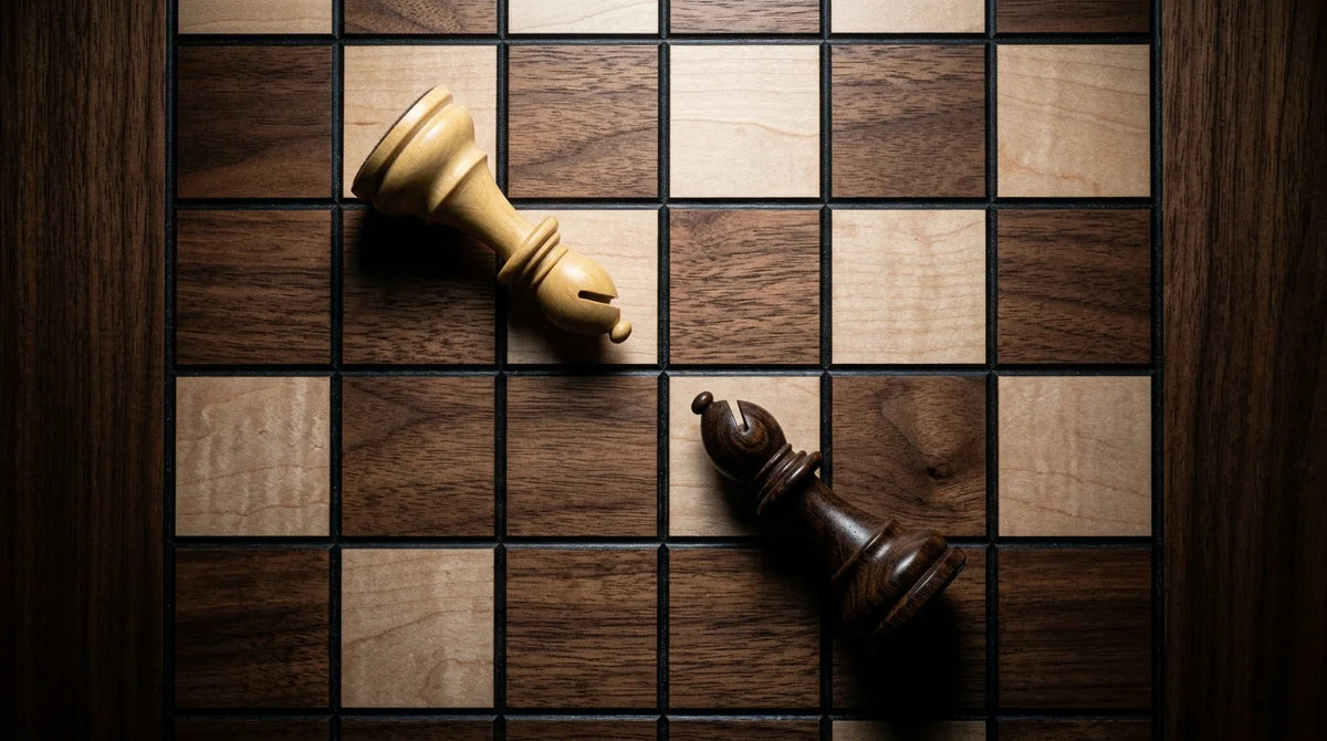 Two Staunton bishops on opposite colored squares of a solid American Walnut chessboard — cinematic tournament lighting