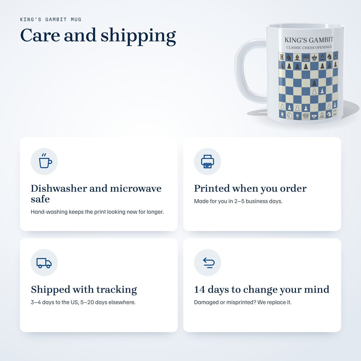 King's Gambit mug care and shipping: dishwasher and microwave safe, printed in 2-5 business days, tracked shipping, 14 days to return
