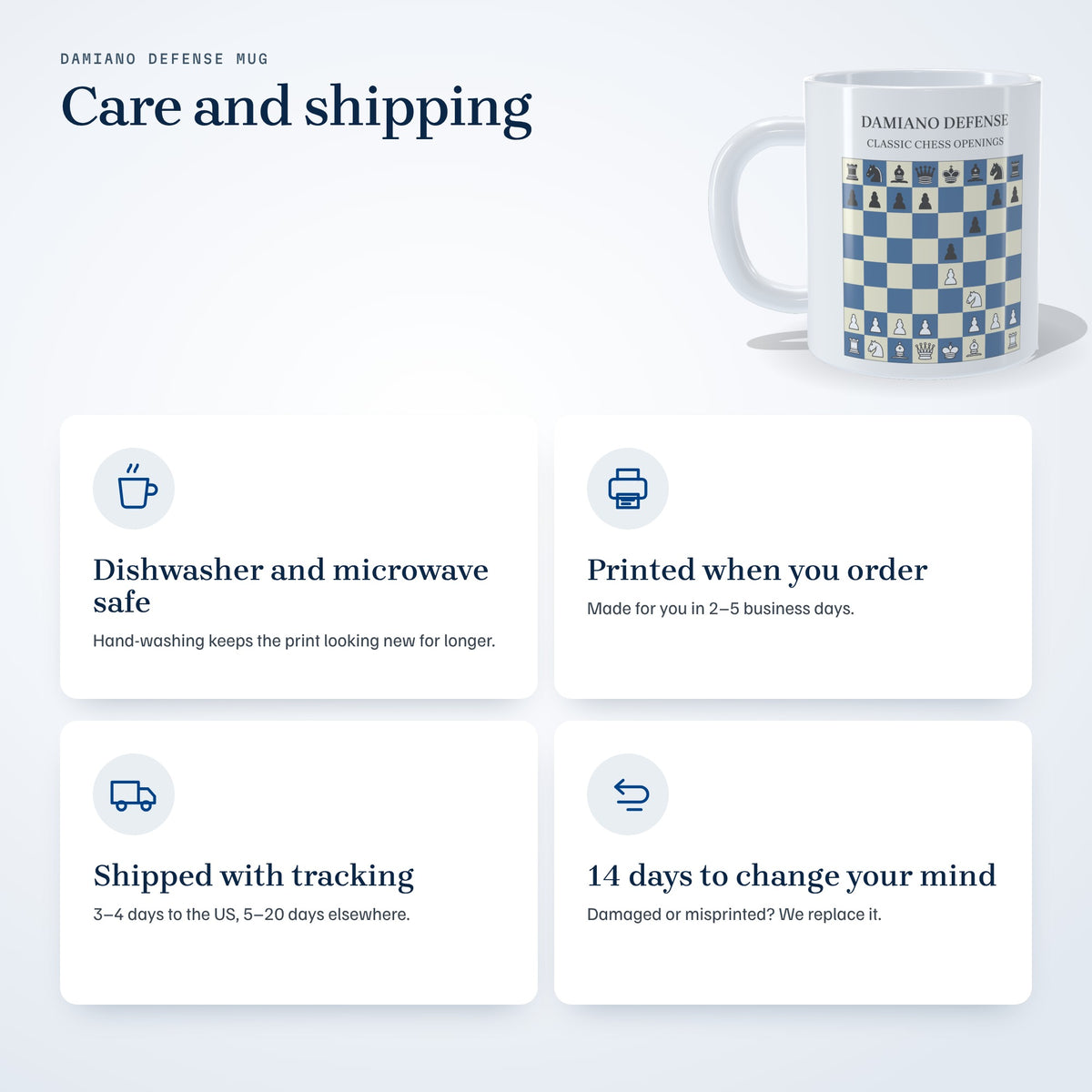 Damiano Defense mug care and shipping: dishwasher and microwave safe, printed in 2-5 business days, tracked shipping, 14 days to return