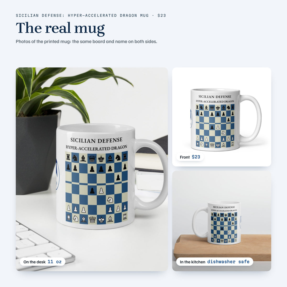 Real photos of the Sicilian Defense: Hyper-Accelerated Dragon mug: front, on a desk and in a kitchen