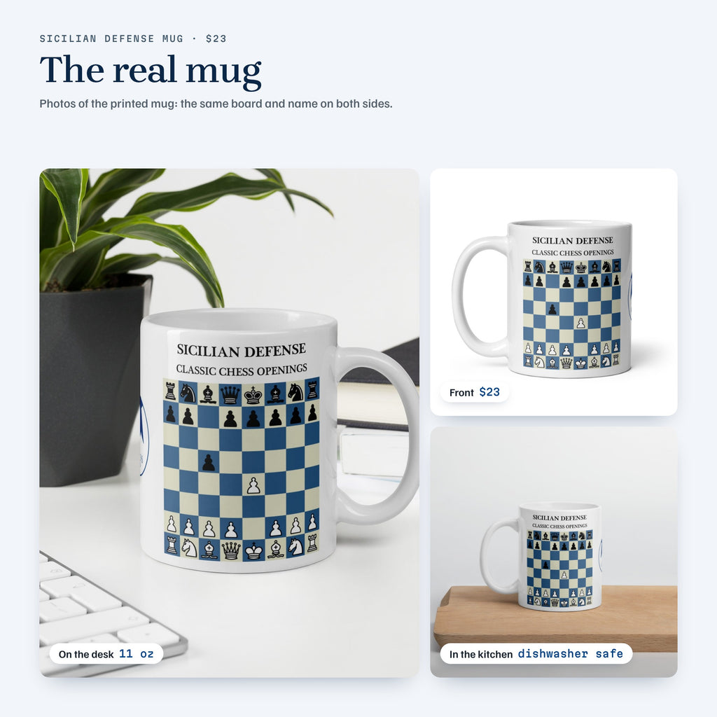 Real photos of the Sicilian Defense mug: front, on a desk and in a kitchen