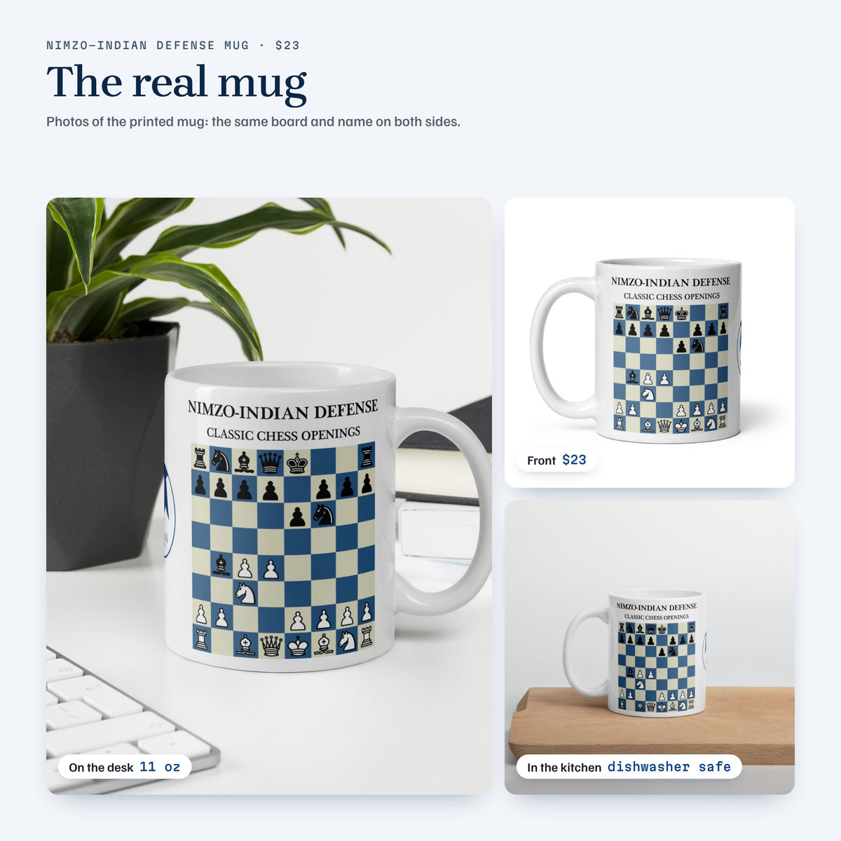 Real photos of the Nimzo-Indian Defense mug: front, on a desk and in a kitchen