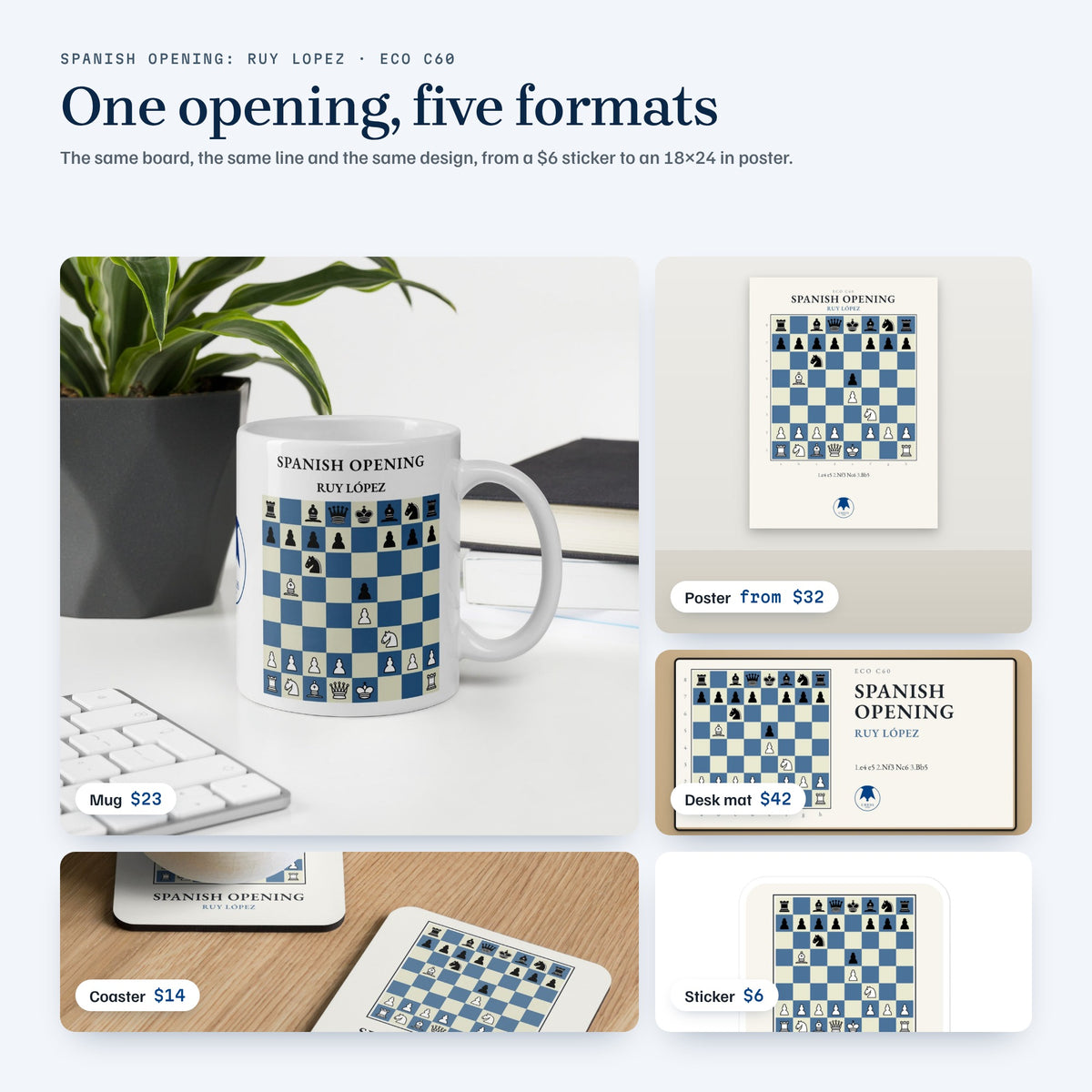 The Spanish Opening: Ruy Lopez design in five formats: mug, poster, desk mat, coaster and sticker