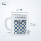 Size of the Sicilian Defense mug: 9.8 cm (3.85 in) tall, 8.5 cm (3.35 in) wide, 11 oz