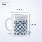 Size of the Ponziani Opening mug: 9.8 cm (3.85 in) tall, 8.5 cm (3.35 in) wide, 11 oz