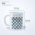 Size of the Nimzo-Indian Defense mug: 9.8 cm (3.85 in) tall, 8.5 cm (3.35 in) wide, 11 oz