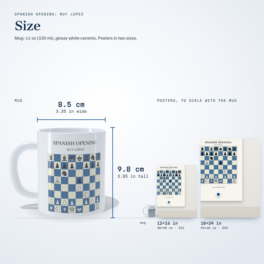 Size of the Spanish Opening: Ruy Lopez mug: 9.8 cm (3.85 in) tall, 8.5 cm (3.35 in) wide, 11 oz, next to the posters to scale