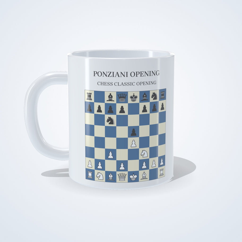 Ponziani Opening chess mug: studio photo of the 11 oz white ceramic mug with the opening printed on it