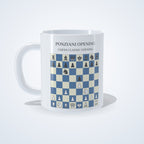 Ponziani Opening chess mug: studio photo of the 11 oz white ceramic mug with the opening printed on it