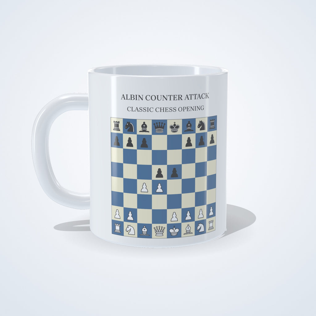 Albin Countergambit chess mug: studio photo of the 11 oz white ceramic mug with the opening printed on it