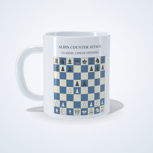 Albin Countergambit chess mug: studio photo of the 11 oz white ceramic mug with the opening printed on it