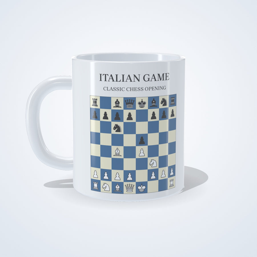 Italian Game chess mug: studio photo of the 11 oz white ceramic mug with the opening printed on it