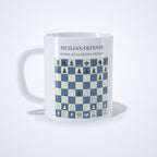 Sicilian Defense: Hyper-Accelerated Dragon chess mug: studio photo of the 11 oz white ceramic mug with the opening printed on it