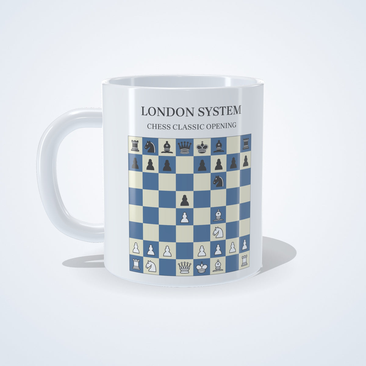 London System chess mug: studio photo of the 11 oz white ceramic mug with the opening printed on it