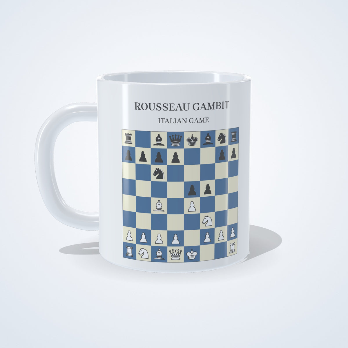 Rousseau Gambit chess mug: studio photo of the 11 oz white ceramic mug with the opening printed on it