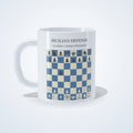 Sicilian Defense chess mug: studio photo of the 11 oz white ceramic mug with the opening printed on it