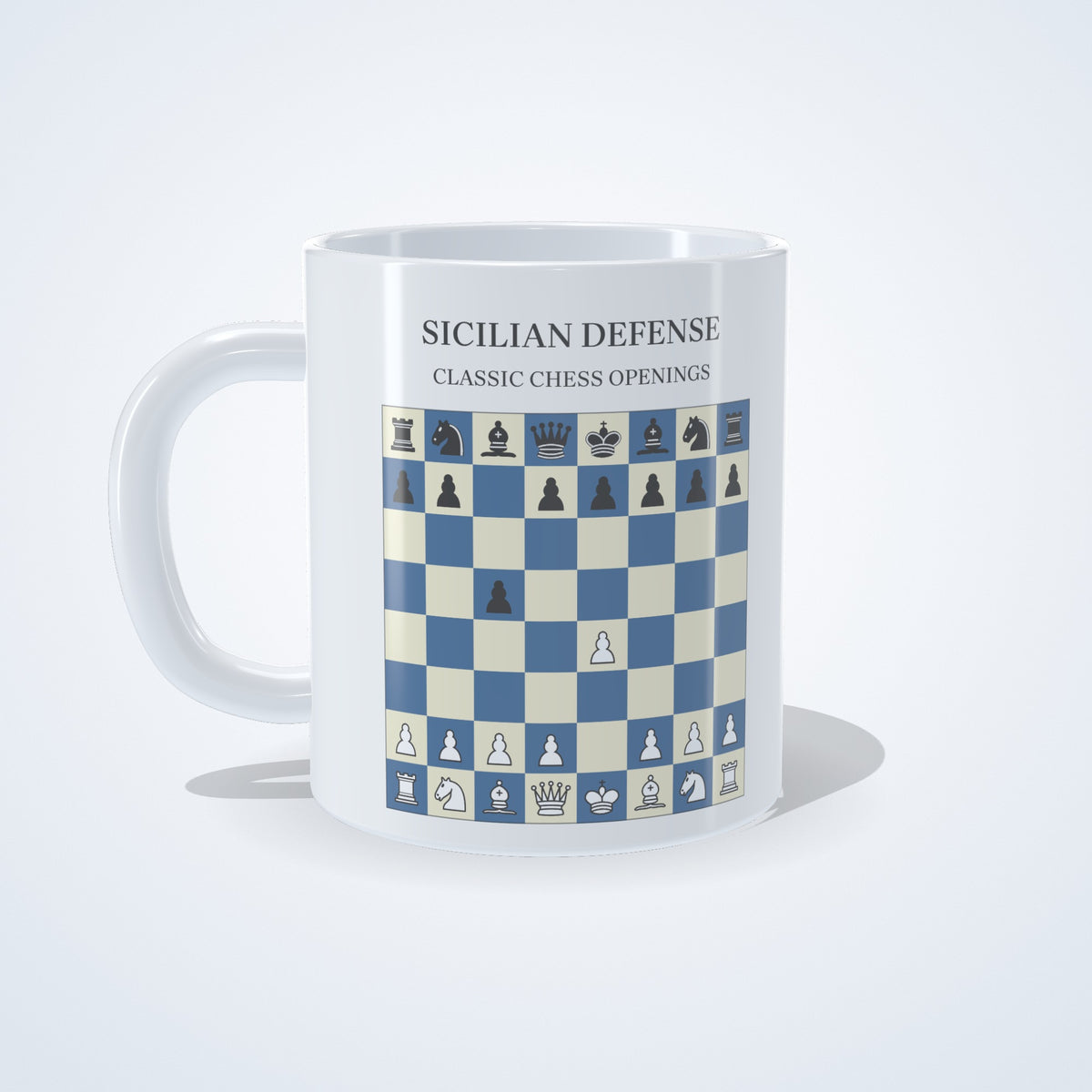 Sicilian Defense chess mug: studio photo of the 11 oz white ceramic mug with the opening printed on it