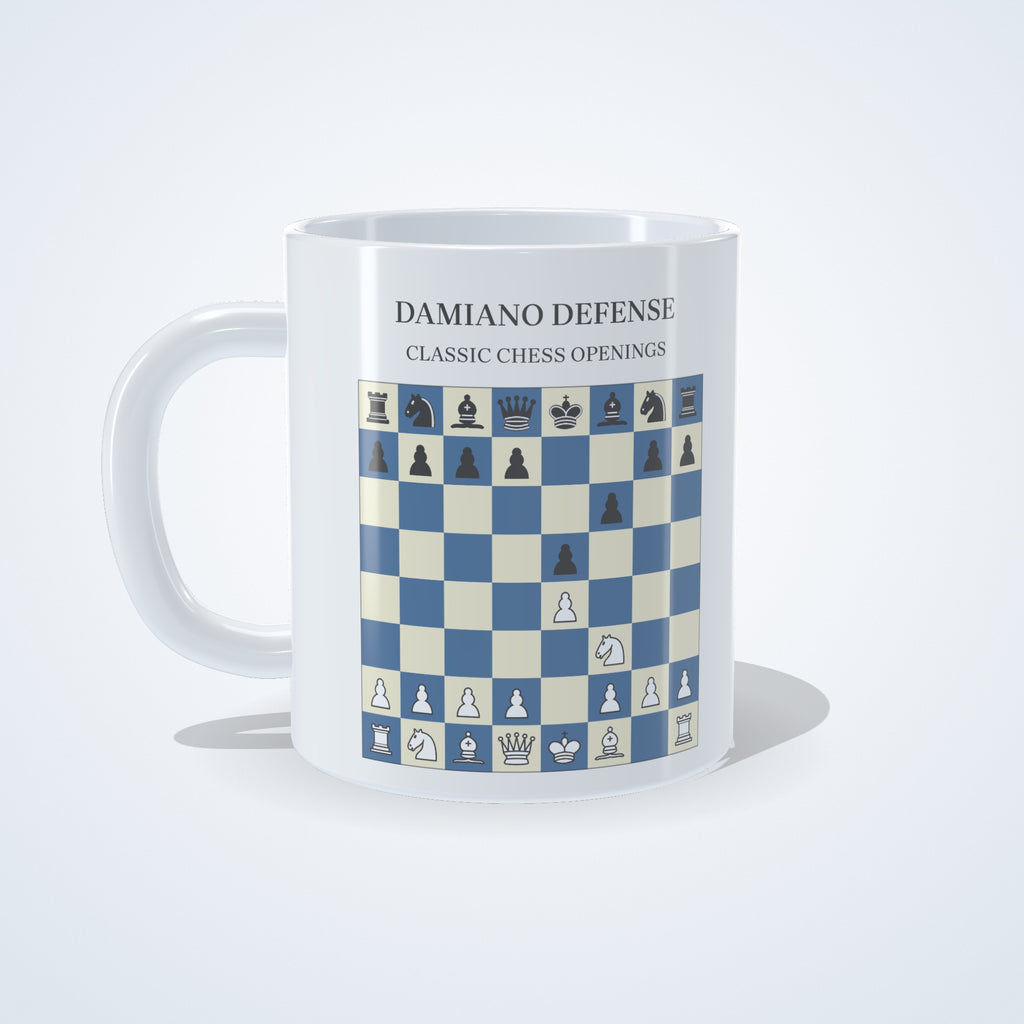 Damiano Defense chess mug: studio photo of the 11 oz white ceramic mug with the opening printed on it