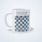 Damiano Defense chess mug: studio photo of the 11 oz white ceramic mug with the opening printed on it