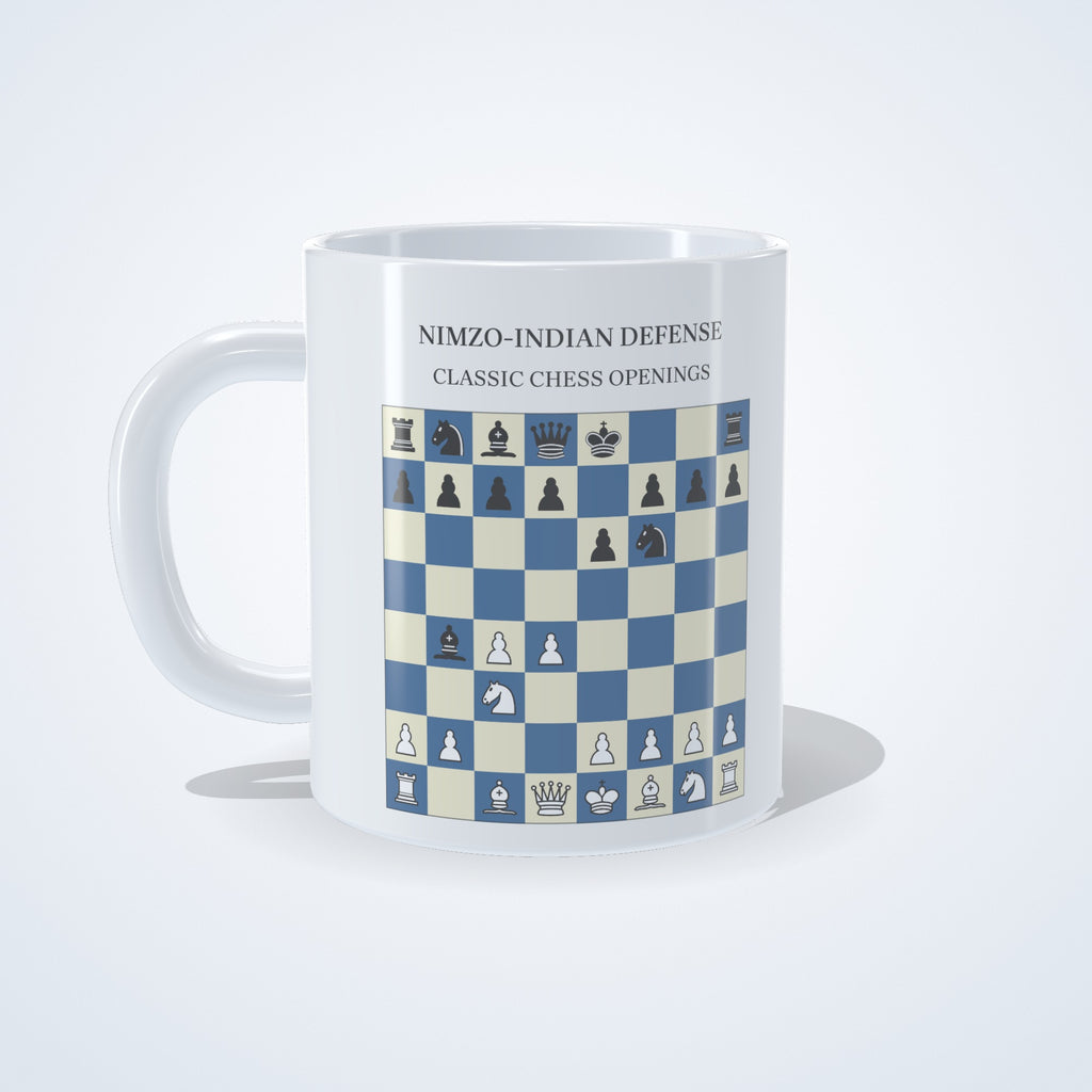 Nimzo-Indian Defense chess mug: studio photo of the 11 oz white ceramic mug with the opening printed on it