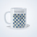 Nimzo-Indian Defense chess mug: studio photo of the 11 oz white ceramic mug with the opening printed on it
