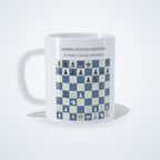 Nimzo-Indian Defense chess mug: studio photo of the 11 oz white ceramic mug with the opening printed on it