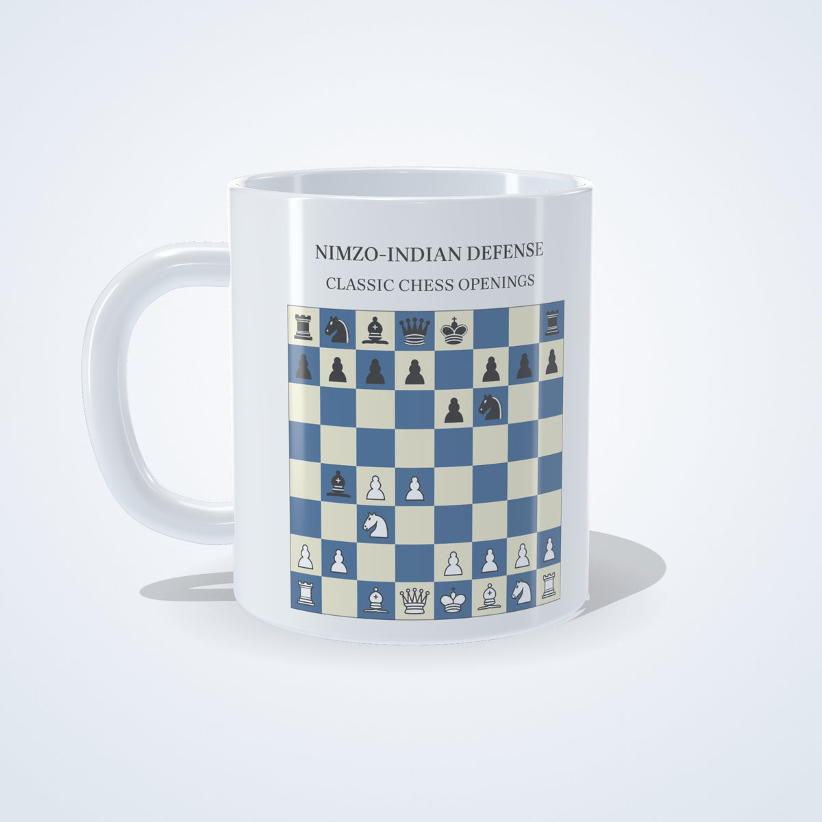 Nimzo-Indian Defense chess mug: studio photo of the 11 oz white ceramic mug with the opening printed on it