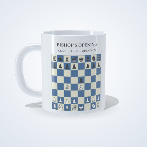 Bishop's Opening chess mug: studio photo of the 11 oz white ceramic mug with the opening printed on it