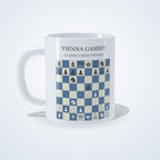 Vienna Gambit chess mug: studio photo of the 11 oz white ceramic mug with the opening printed on it
