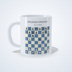Spanish Opening: Ruy Lopez chess mug: studio photo of the 11 oz white ceramic mug with the opening printed on it