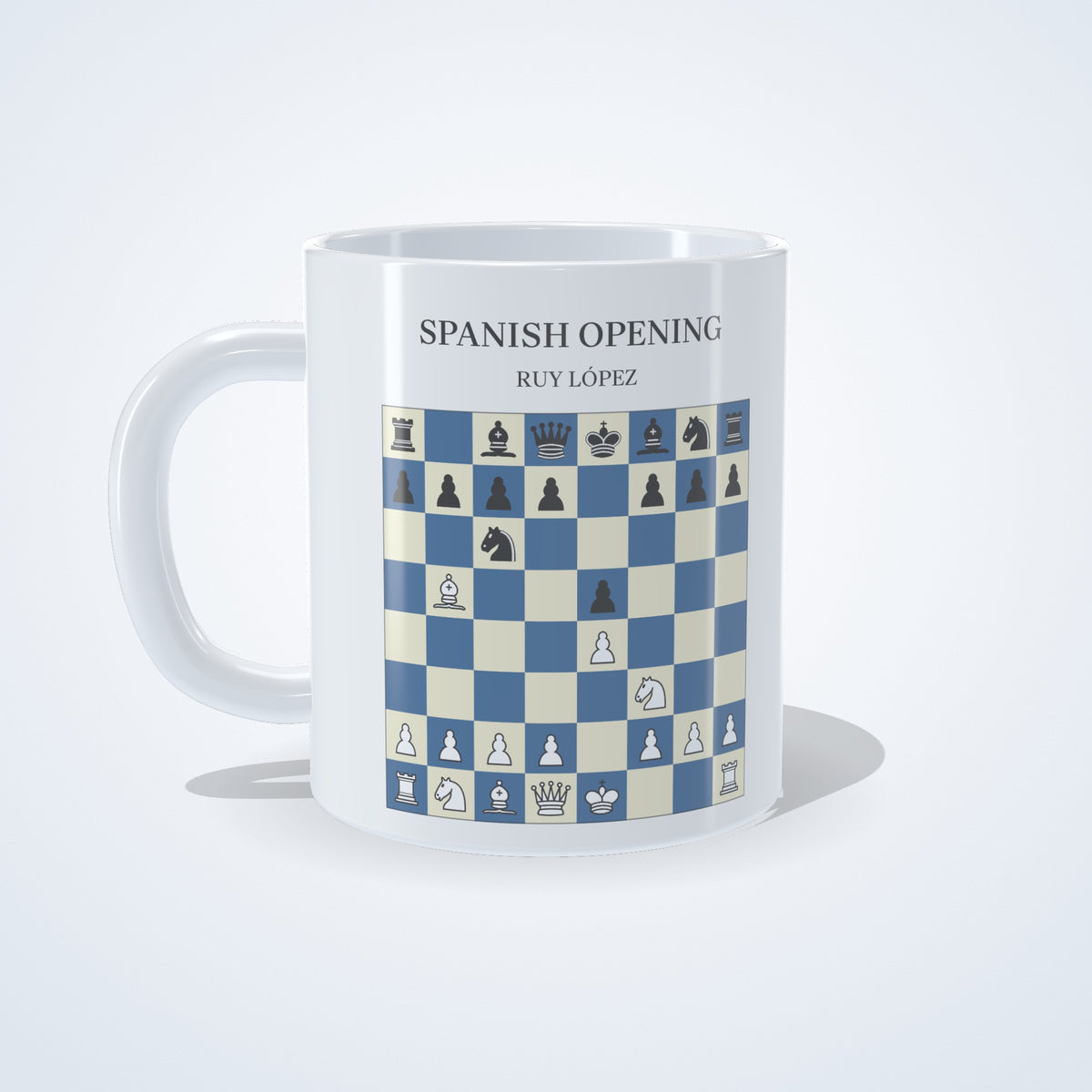 Spanish Opening: Ruy Lopez chess mug: studio photo of the 11 oz white ceramic mug with the opening printed on it